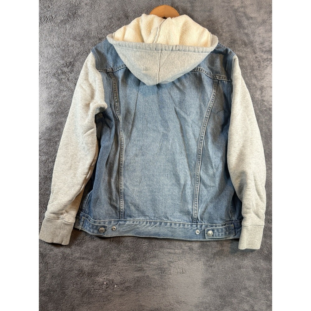 Levis Mens Hybrid Hoodie Trucker Jacket Medium Light Wash Blue Denim Grey Hood - Picture 11 of 11